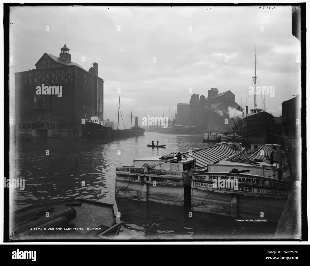 River and elevators, Buffalo, c1900. Grain elevators, cargo ships and