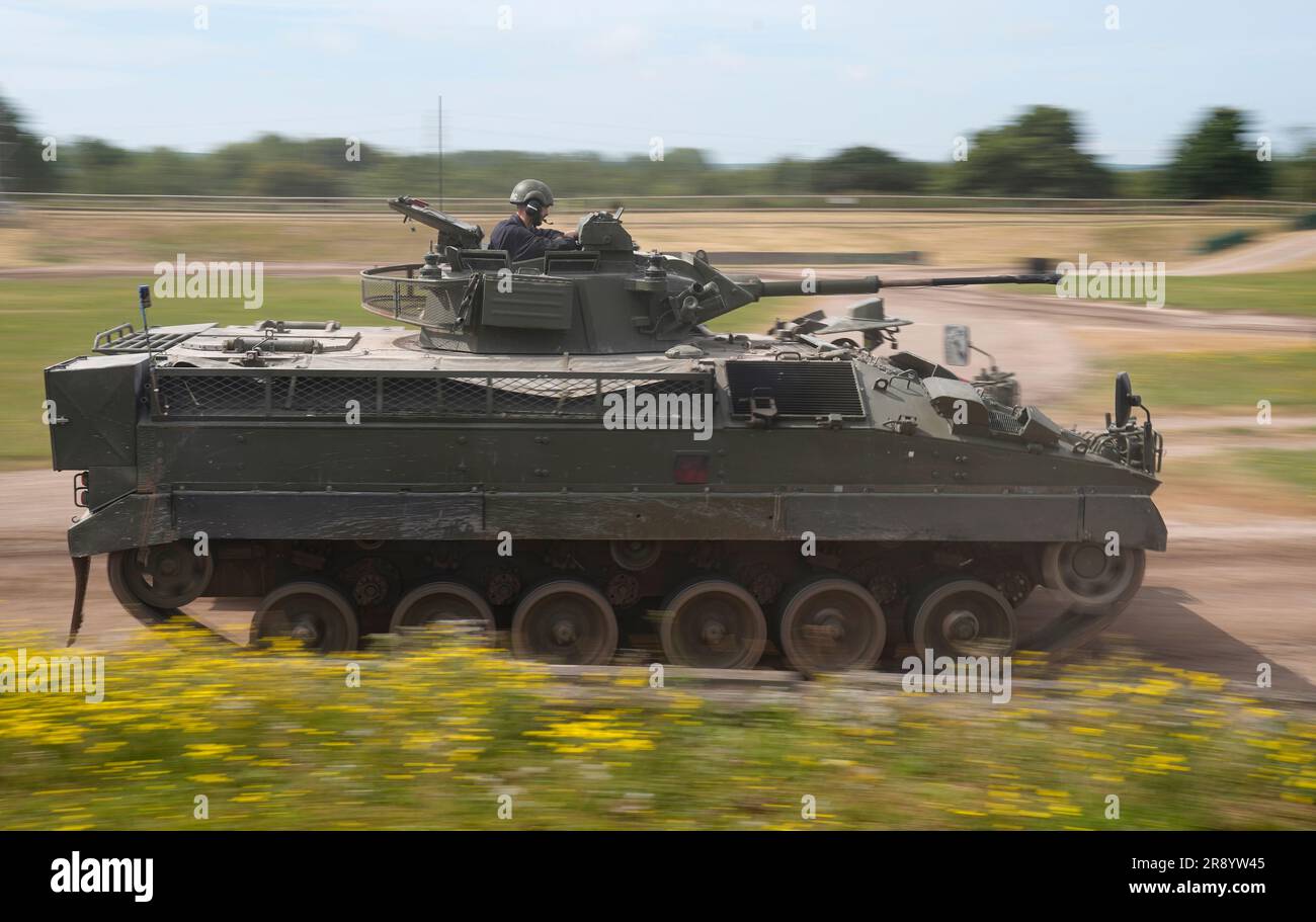 A Warrior tank is driven around the Kuwait Arena during day one of Tankfest 2023 at the Tank Museum in Bovington in Dorset. Picture date: Friday June 23, 2023. Stock Photo