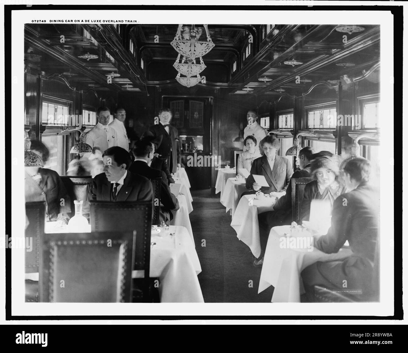Dining car on a deluxe overland limited train, between 1910 and 1920