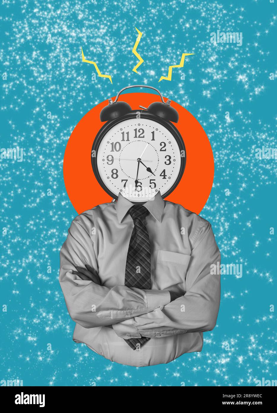 A collage of contemporary art, The Concept of Time Management. A business man with an alarm clock instead of a head shows. Stock Photo