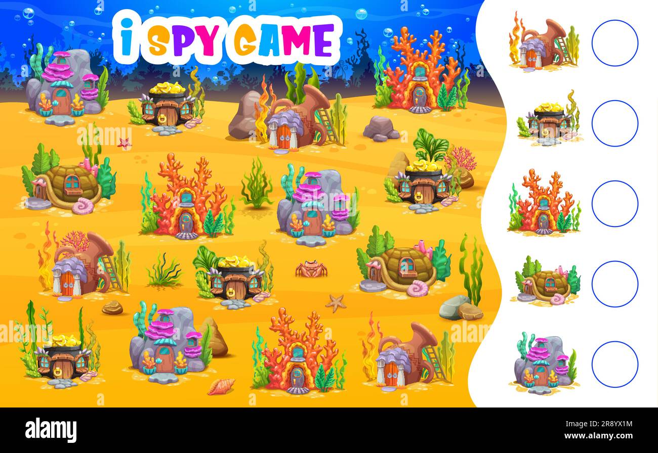I spy game worksheet. Cartoon house buildings, underwater landscape. Children calculation quiz 