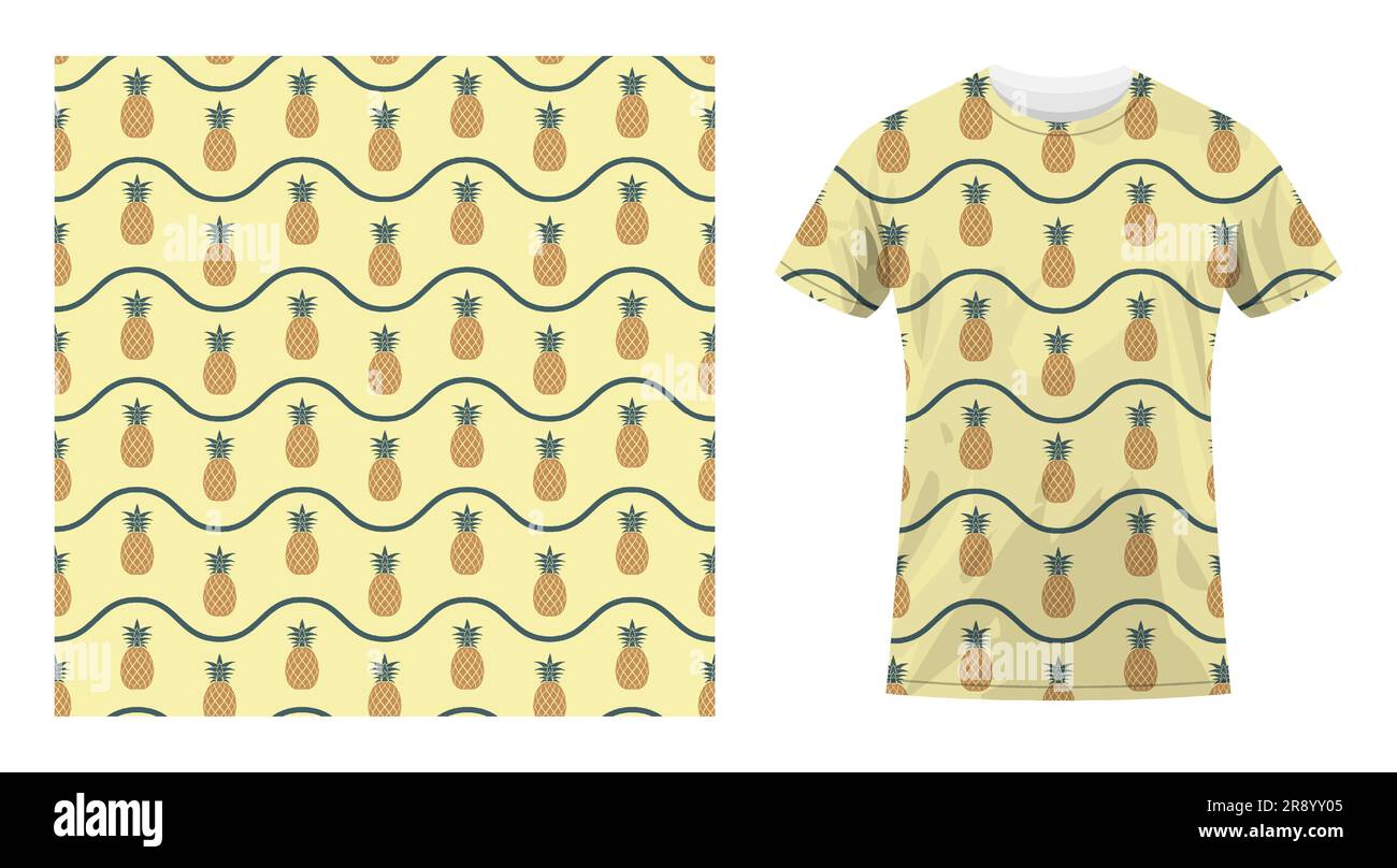 Short sleeved cotton sports t shirt decorated pattern with juicy pineapple and wave lines. Harvesting tropical fruits. Comfortable summer clothes. Vec Stock Vector