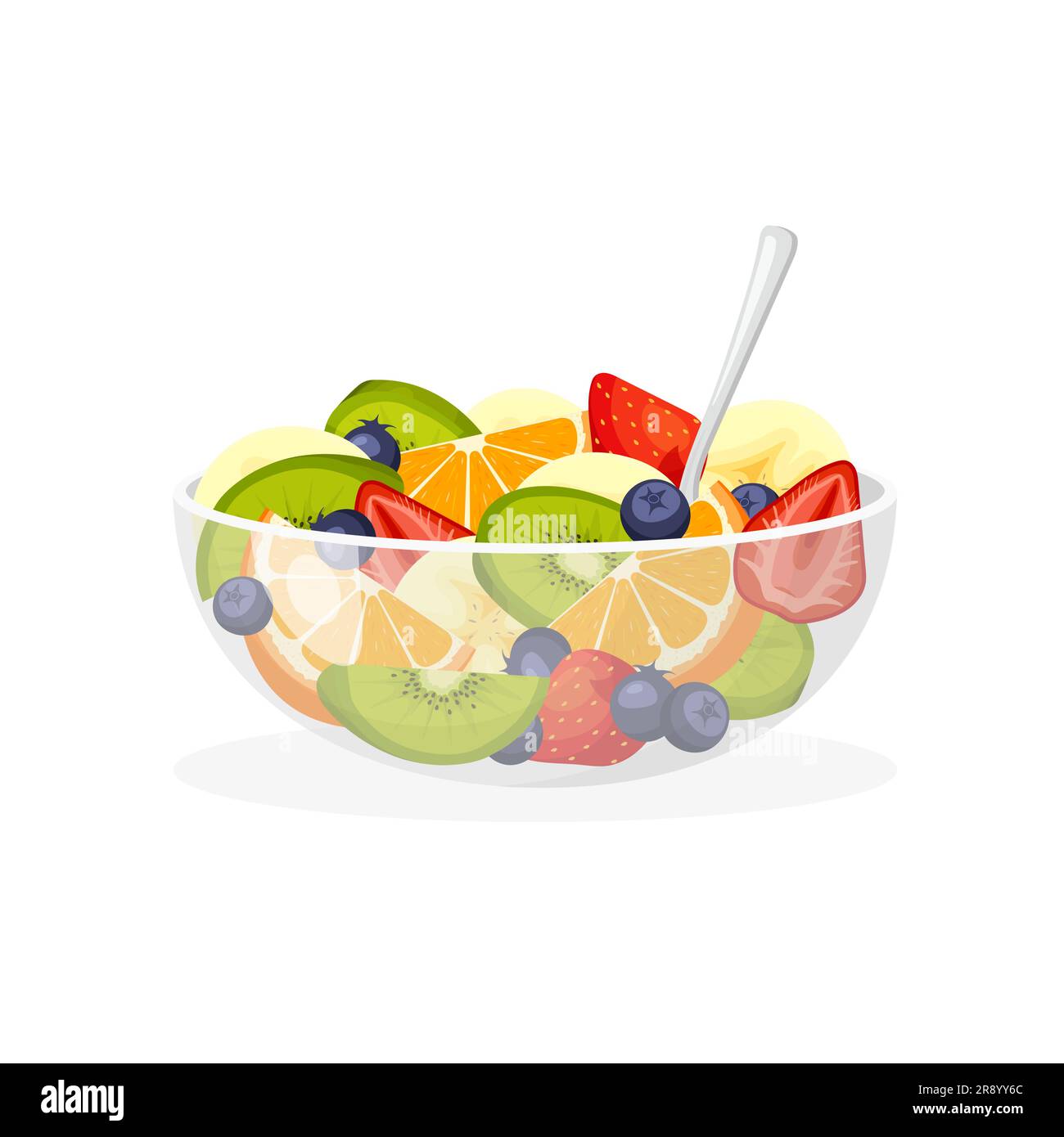 Fruit salad in glass transparent bowl. Healthy food. Vector