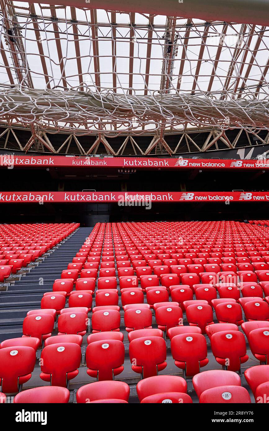 Red tribunes at San Mames arena - the official home ground of FC Athletic Bilbao, Spain Stock Photo