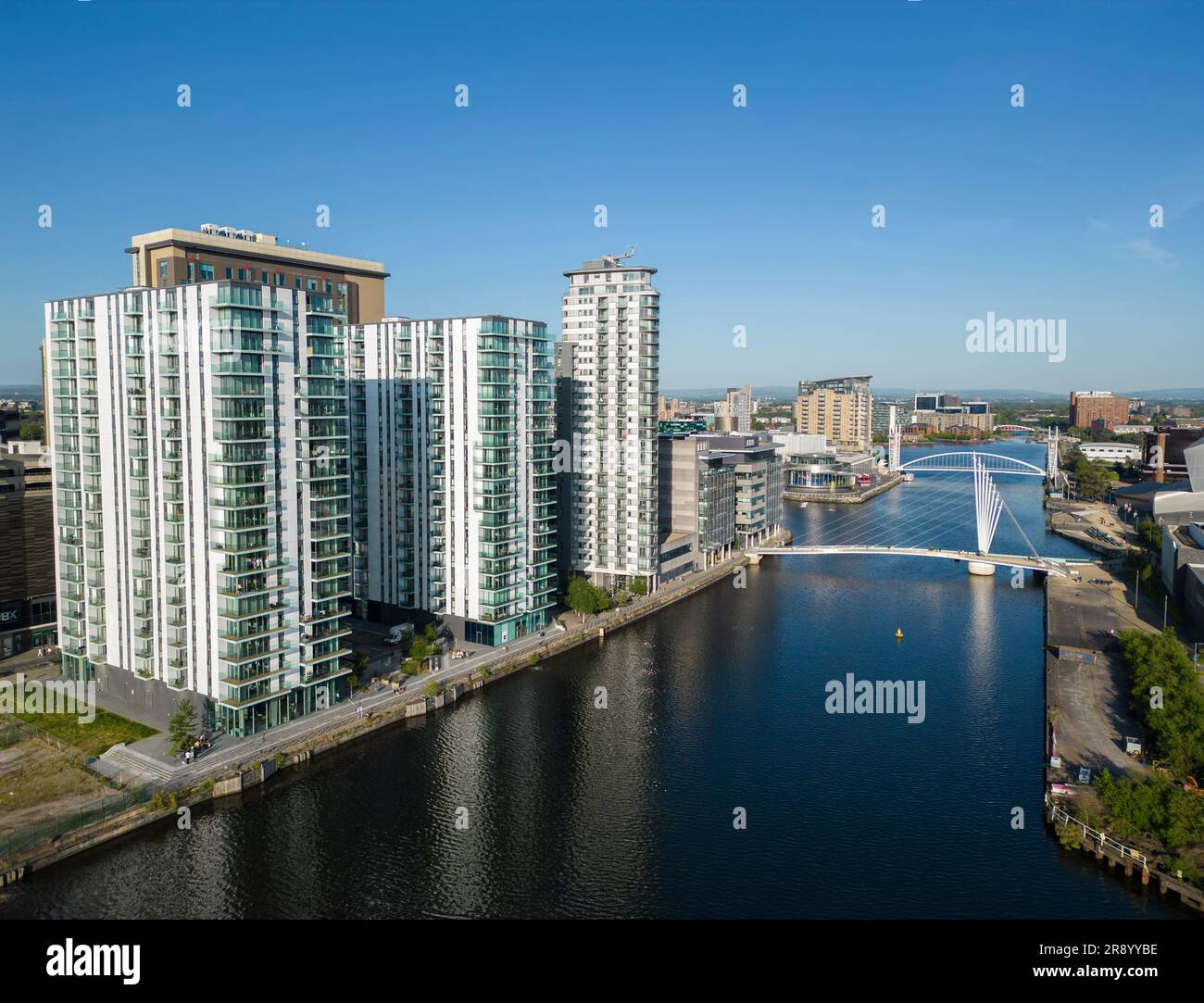 Aerial view of residential apartment towers, Salford Quays, Manchester