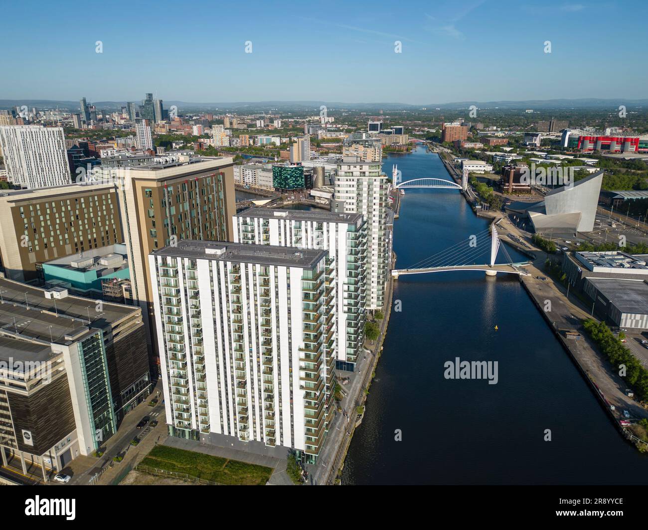 Aerial view of residential apartment towers, Salford Quays, Manchester