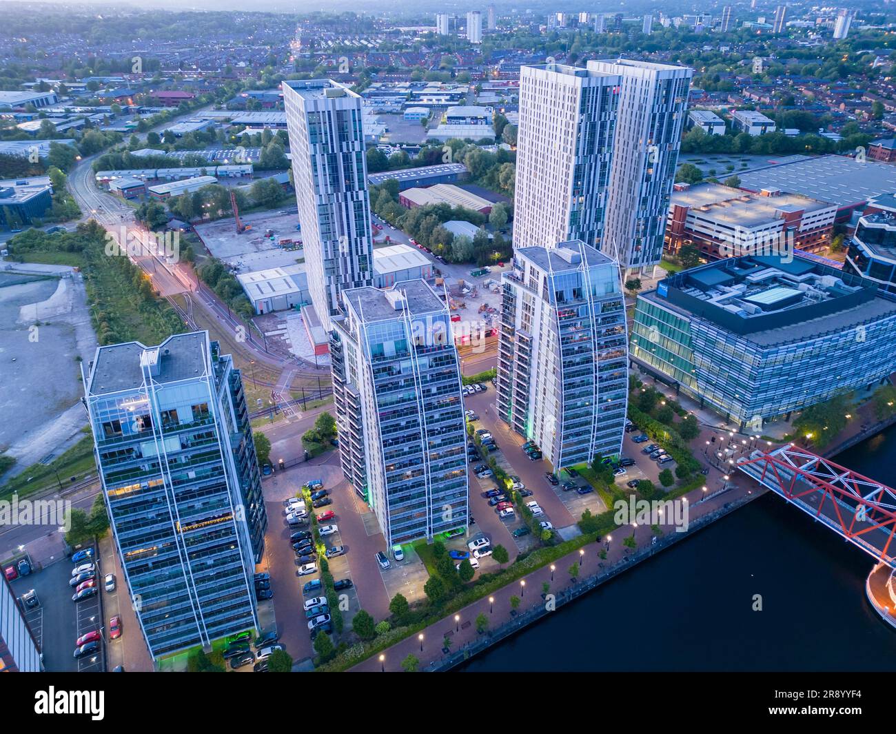 Aerial view of The NV Apartments, Salford Quays, Manchester, England
