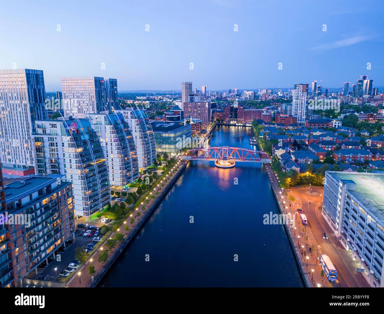Aerial view of The NV Apartments and residential houses, Salford Quays