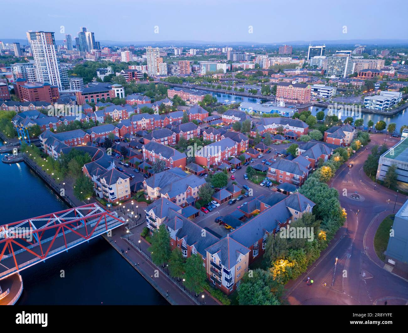 Aerial view residential houses, Salford Quays, Manchester, England