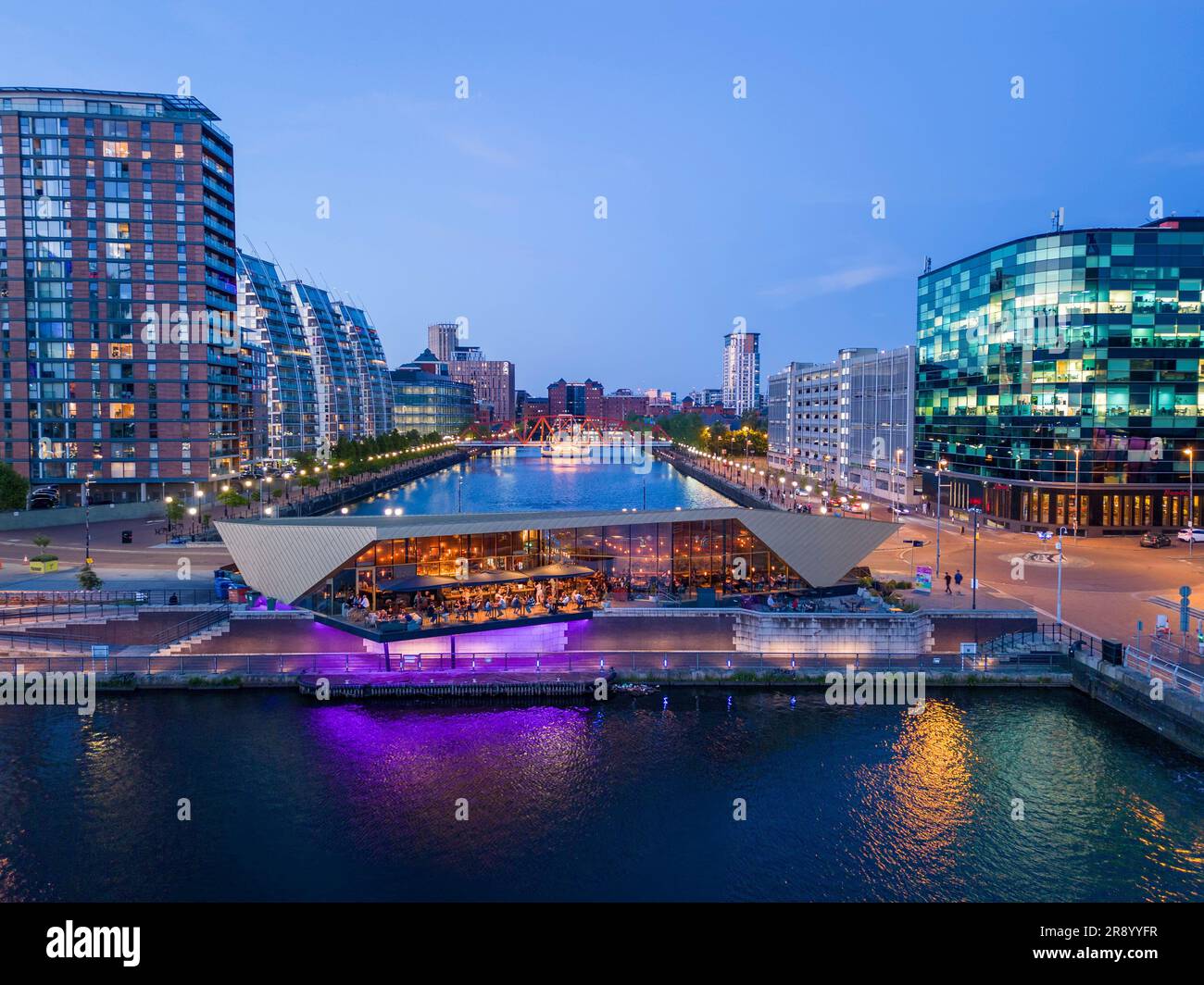 Aerial view of Alchemist Bar terrace at night, Salford Quays, Salford, Greater Manchester Stock Photo