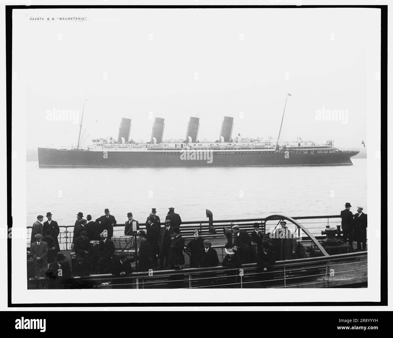 S.S. Mauretania, c1908. The RMS 'Mauretania' ocean liner was designed by Leonard Peskett and built by Wigham Richardson and Swan Hunter for the British Cunard Line, launched in 1906. She served as a troop ship carrying British soldiers during the Gallipoli campaign in the First World War. Stock Photo