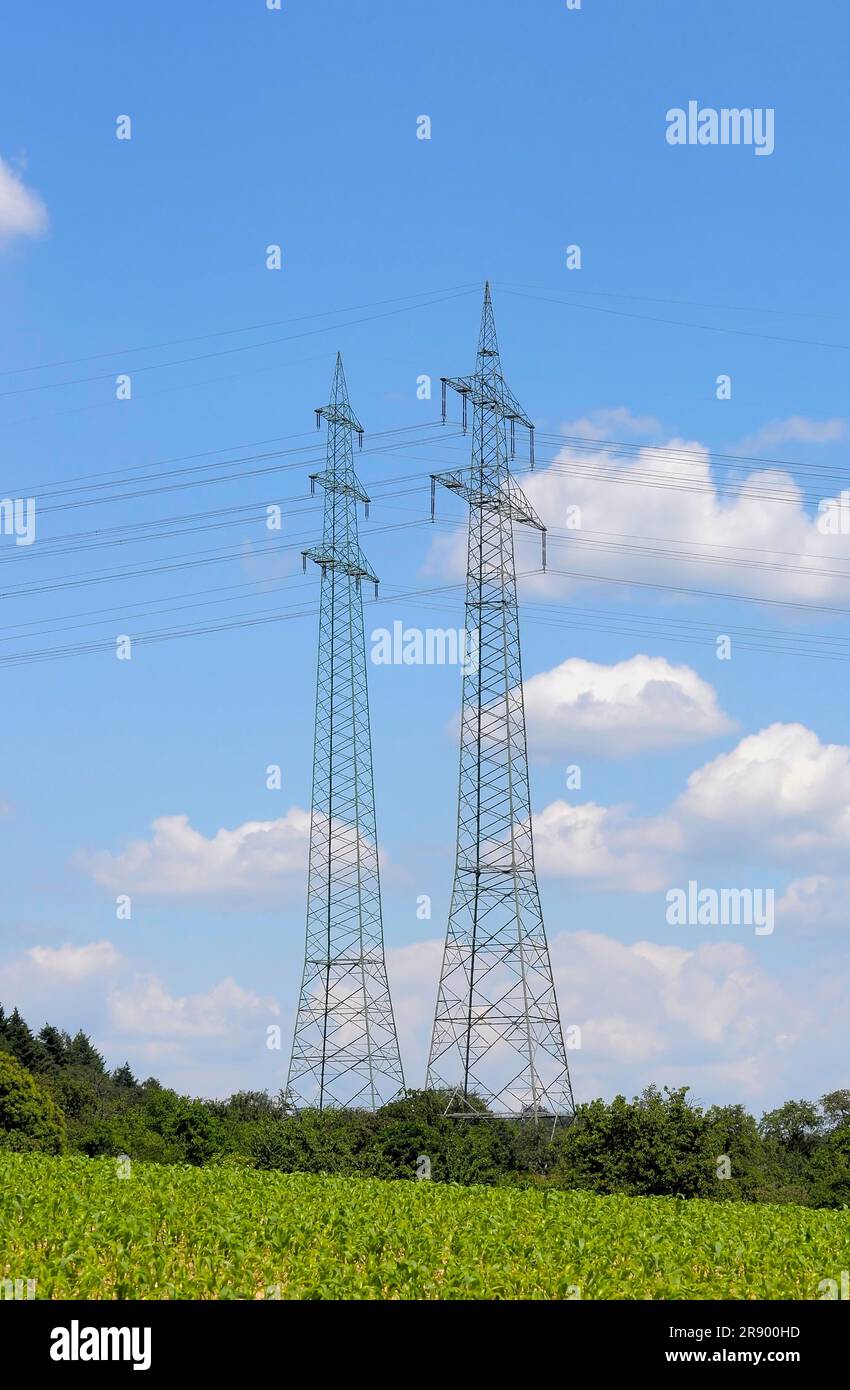 Field landscape with power lines, overhead power lines, power lines in
