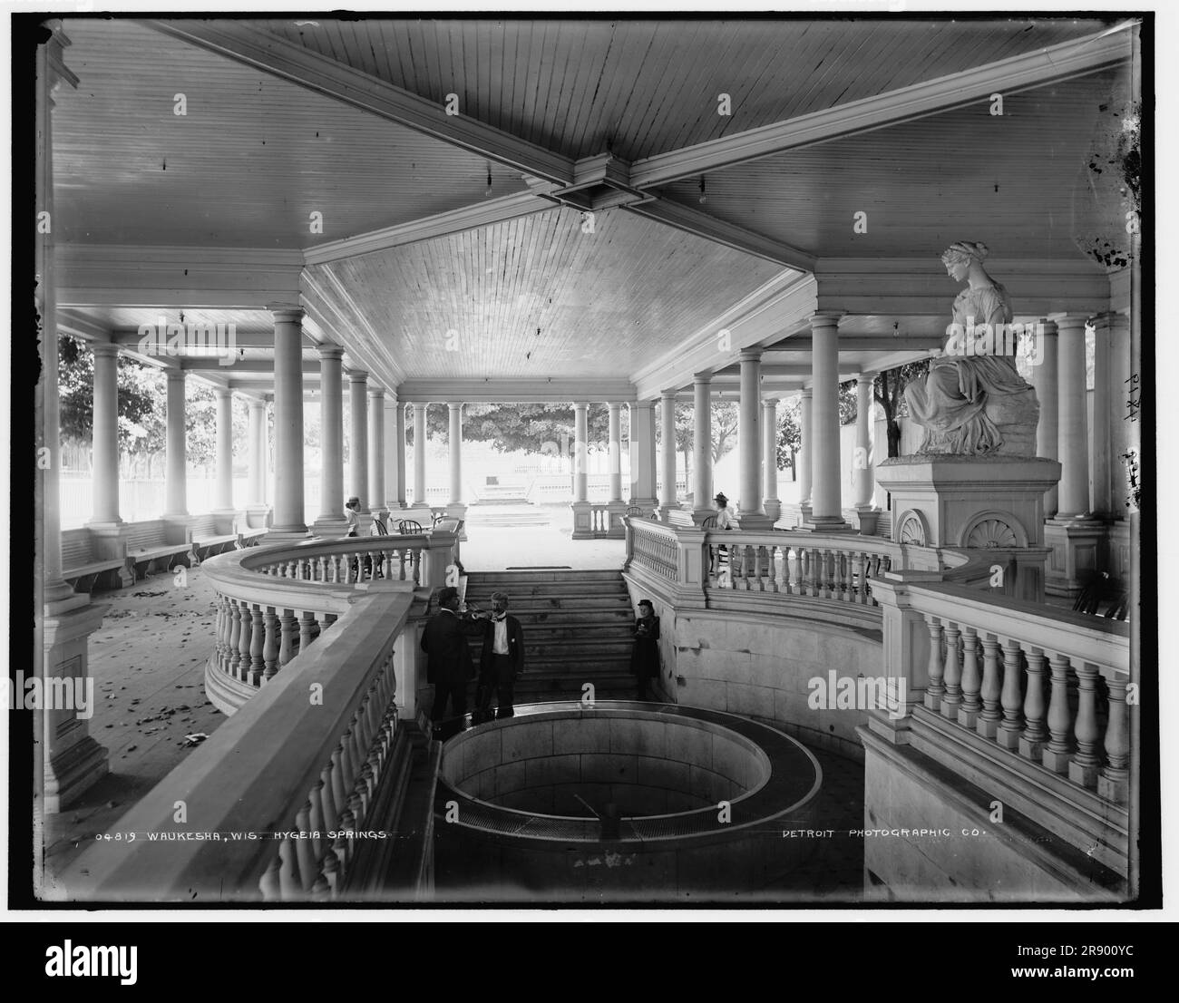 Waukesha, Wis., Hygeia Springs, between 1880 and 1899. Hygeia Spring, first advertised in 1869, is notable for its role in the Great Pipeline Battle. In 1891, James E. McElroy of Kansas City developed a scheme to lay a pipeline to the 1893 Columbia Exposition in Chicago and sell Waukesha water there. Local residents, seeing the plan as a threat to visitors coming to Waukesha, fought the plan. The battle over the water escalated and by its conclusion involved the legislature, the governor, and a midnight confrontation between labourers and townspeople. In the end, the townspeople won and McElro Stock Photo