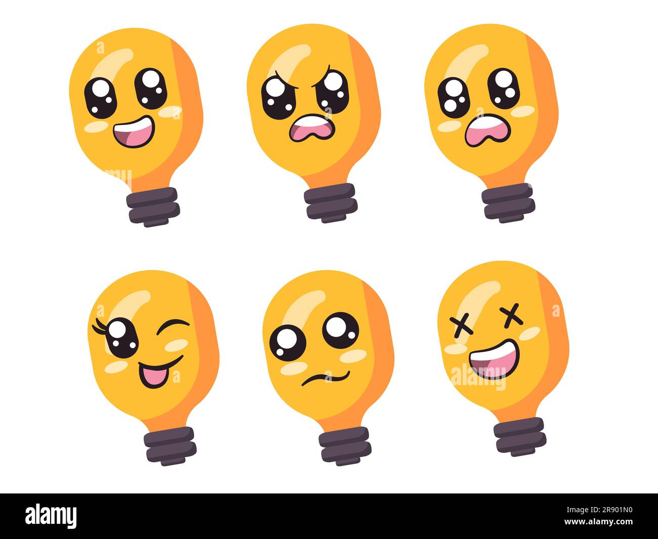 lightbulb electricity lamp energy power yellow bright with big smile angry afraid blinking eye sad and laughing expression feeling emotion Stock Vector