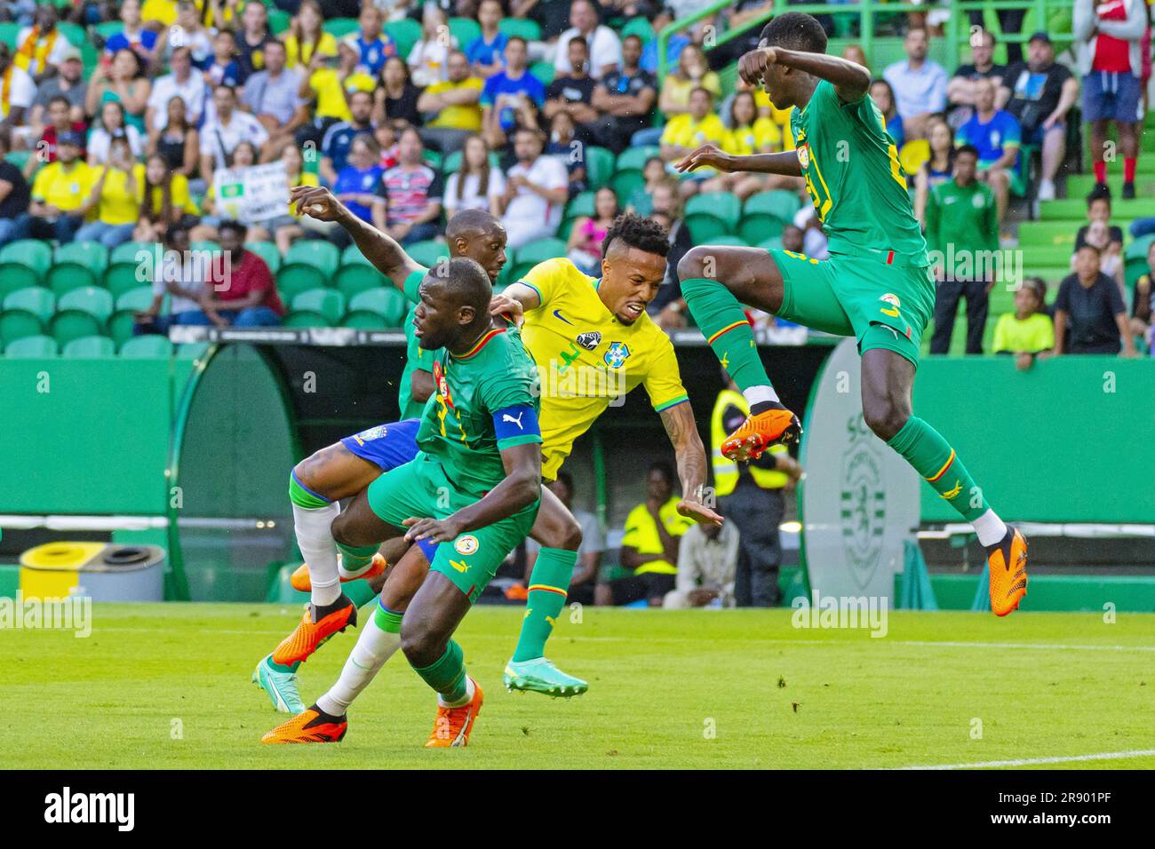 Lisbon, Portugal. 20th June, 2023. Eder Militao of Brazil and Kalidou Koulibaly, Pape Gueye of Senegal during the International Friendly Football match between Brazil and Senegal on June 20, 2023 at Jose Alvalade stadium in Lisbon, Portugal - Photo Jose Salgueiro/DPPI Credit: DPPI Media/Alamy Live News Stock Photo