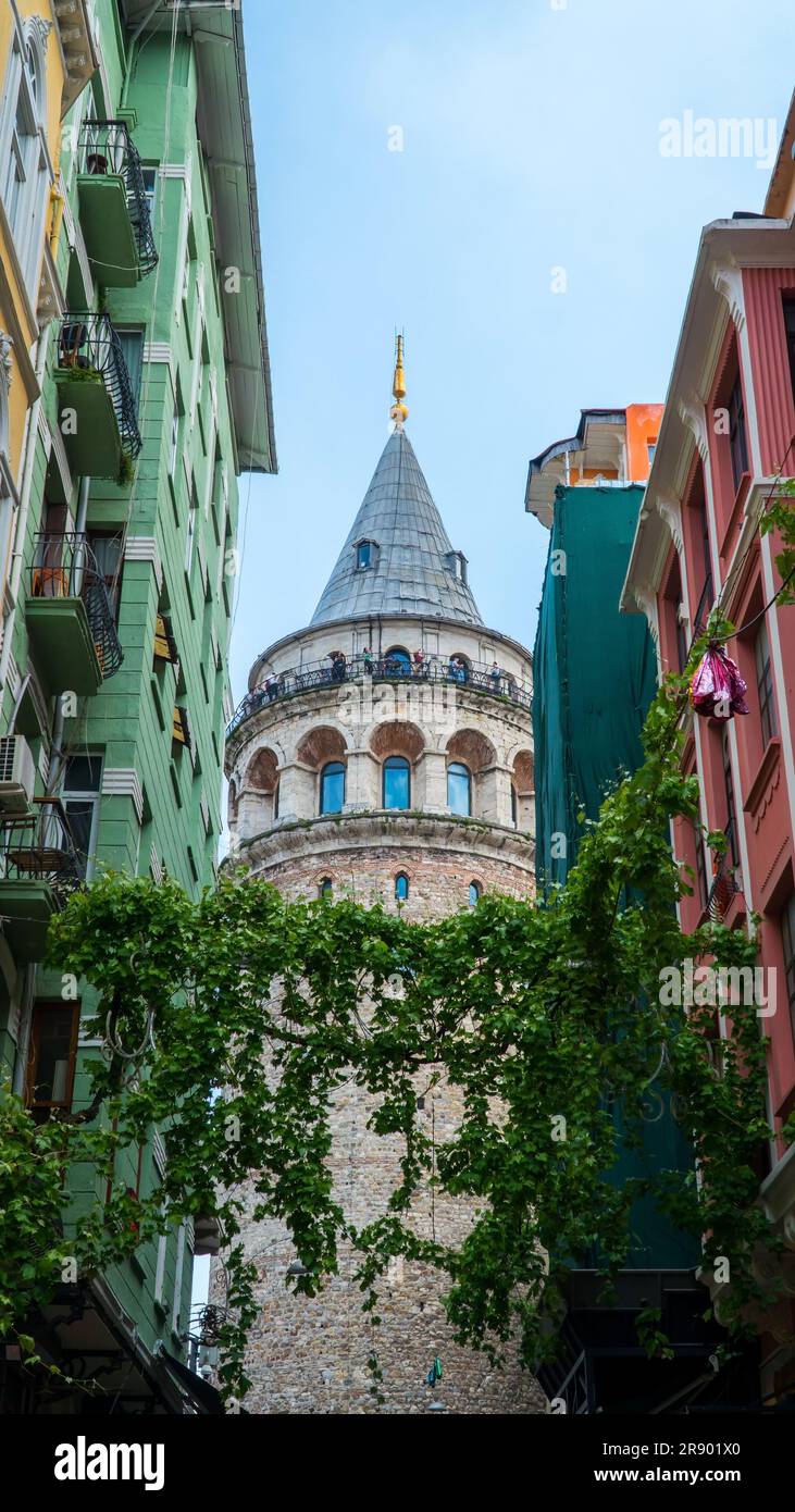Galata tower. Galata Tower in Istanbul. Low angle view. Travel to Turkey. Landmarks of Turkey. Stock Photo