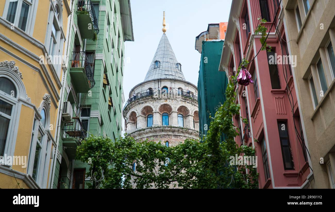 Galata tower. Galata Tower in Istanbul. Low angle view. Travel to Turkey. Landmarks of Turkey. Stock Photo