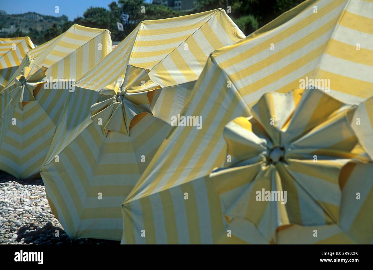 Rhodes, Ixia, parasols yellow-white Stock Photo