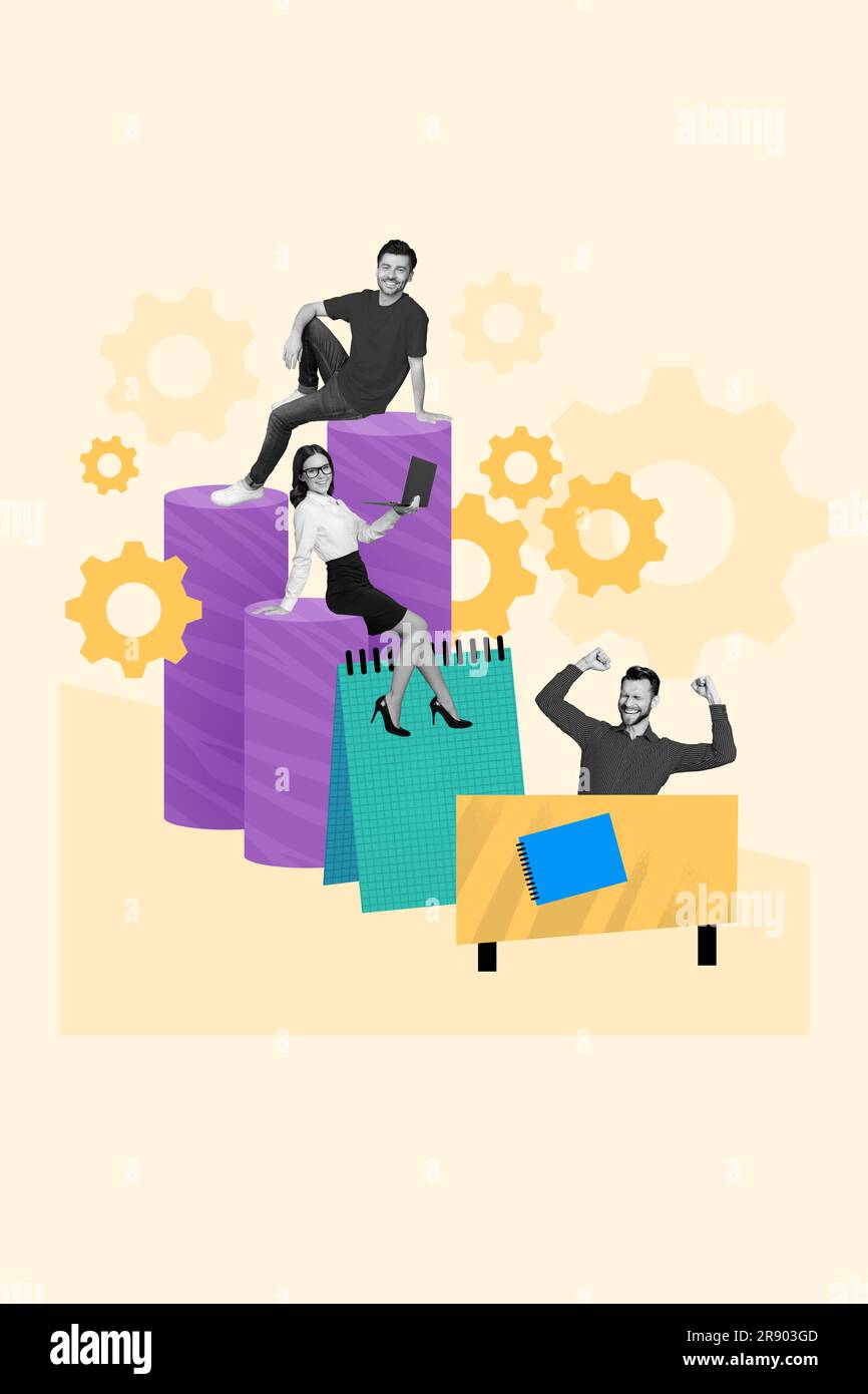 Poster 3d collage artwork of happy positive partners colleagues working ...