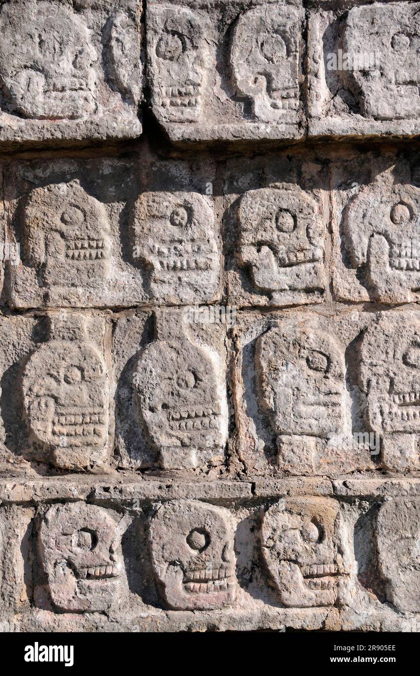 Relief of skulls, Plataforma de los Craneos Tzompantli, Chichen Itza, Yucatan, Yucatan, Mexico Stock Photo