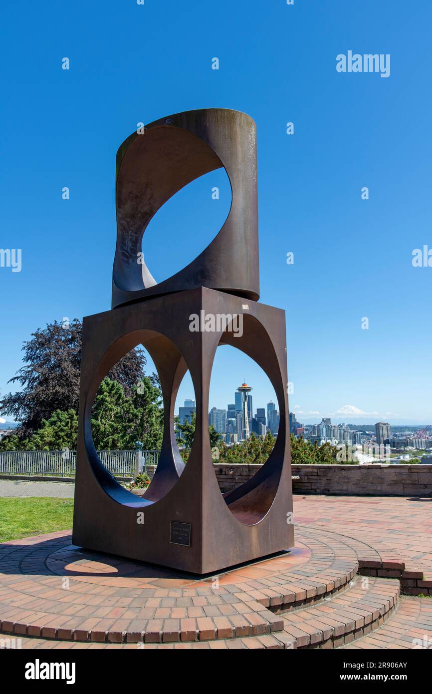 Seattle, WA, USAJuly 2022; Close up view of steel sculpture Changing Form and