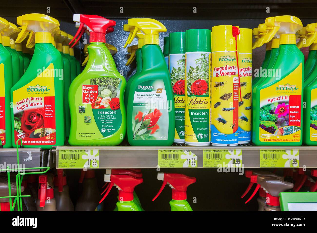 Netherlands, shelf with pesticides in a garden center. Stock Photo