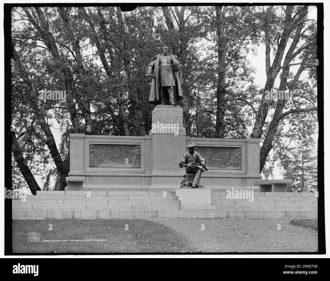 Samuel Colt Memorial, Hartford, Conn., c1907. Monument to American inventor, industrialist, businessman, manufacturer, gunmaker who 'significantly impacted Hartford and the United States through his technological innovations and the development of an industrial village'. In the foreground is 'a young Samuel whittling a revolver cylinder during his time as a mariner'. Sculptor, Randolph Rogers; architect, James G. Batterson. Stock Photo