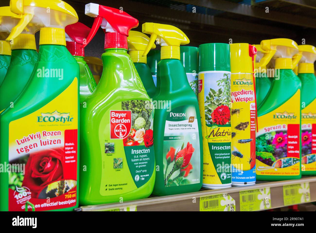 Netherlands, shelf with pesticides in a garden center. Stock Photo