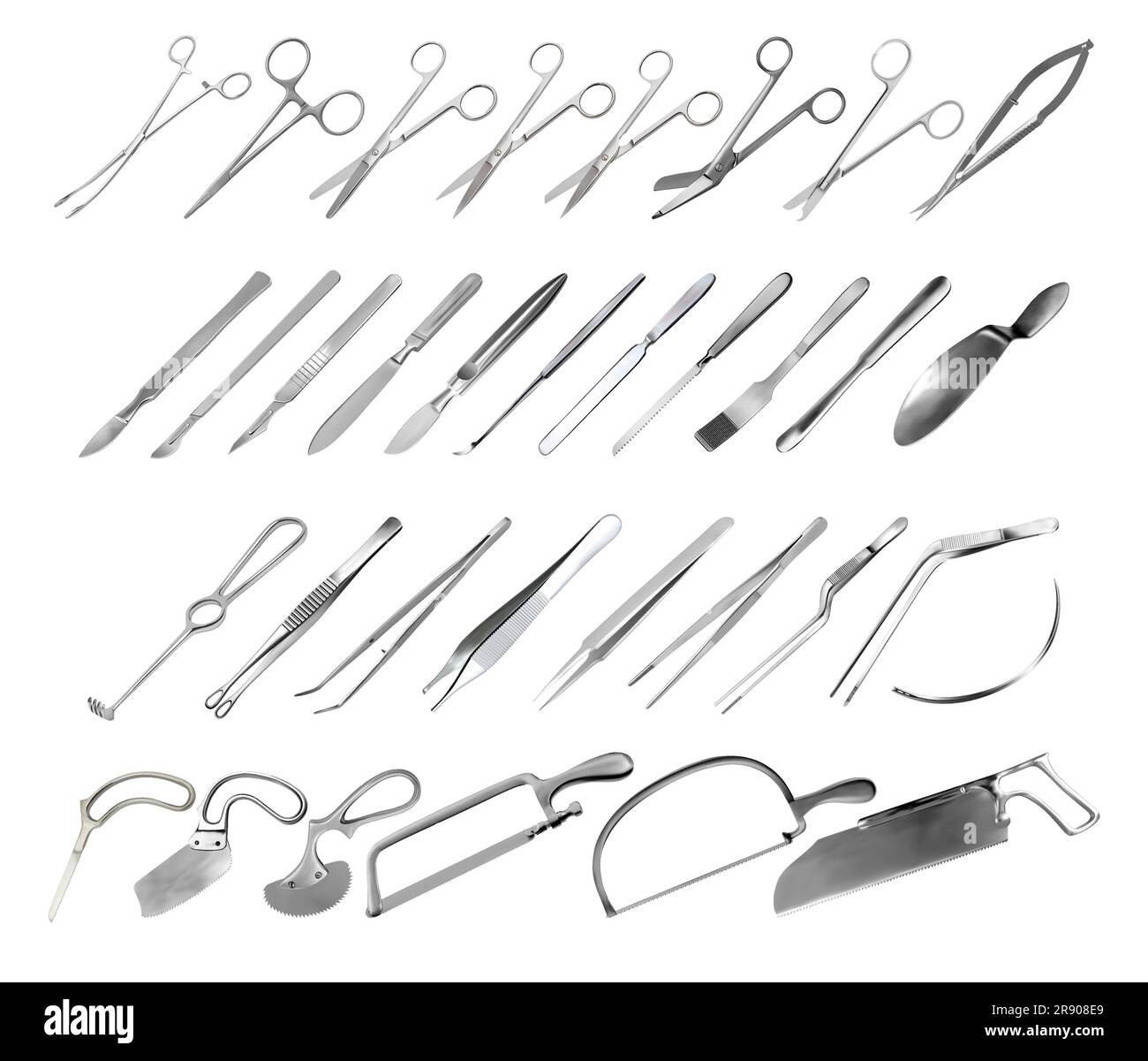 Set of surgical instruments. Tweezers, scalpels, saws, amputation