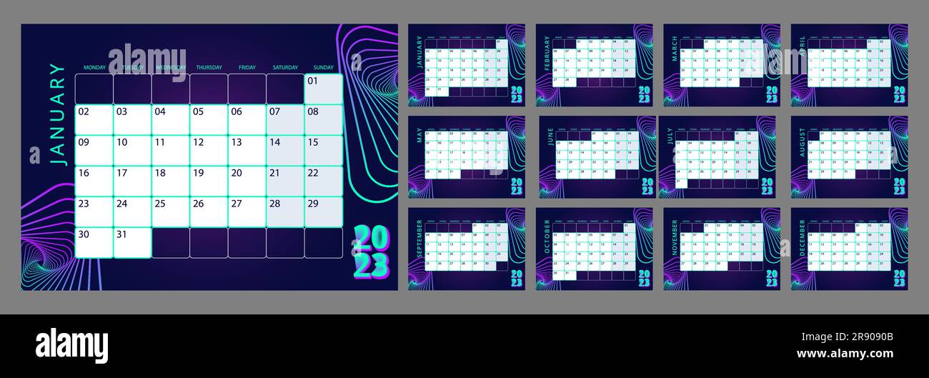 Cyberpunk technology and virtual reality desk calendar design template