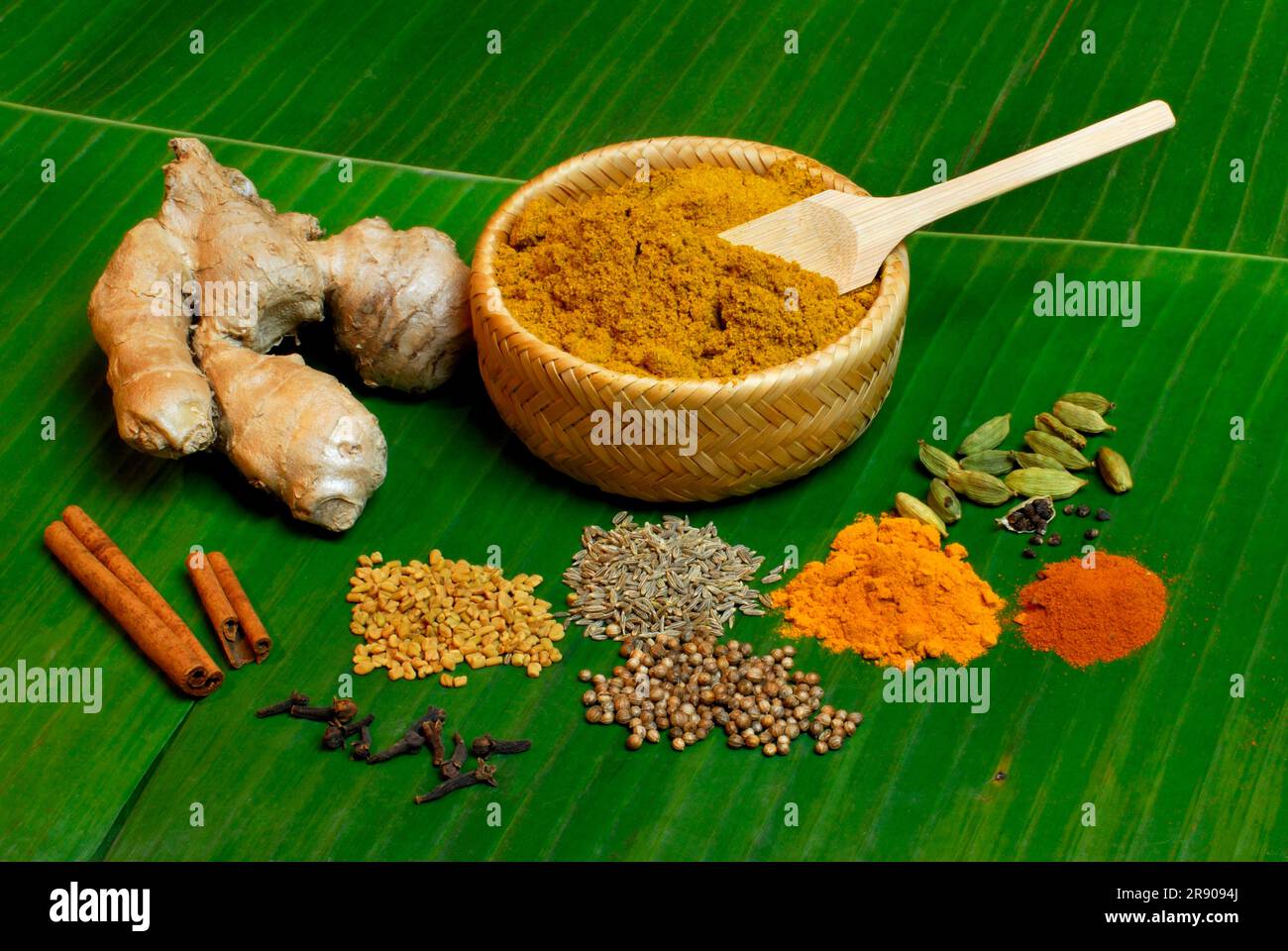 Curry powders and ingredients, cinnamon, ginger, cumin, fenugreek, cardamom, pepper, turmeric, coriander, chili and cloves, turmeric, turmeric Stock Photo