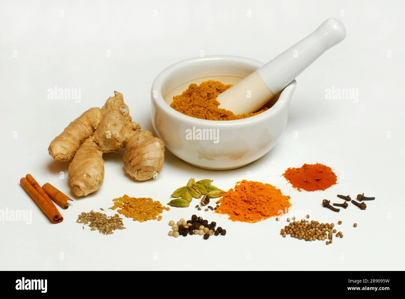 Curry powders and ingredients, cinnamon, ginger, cumin, fenugreek
