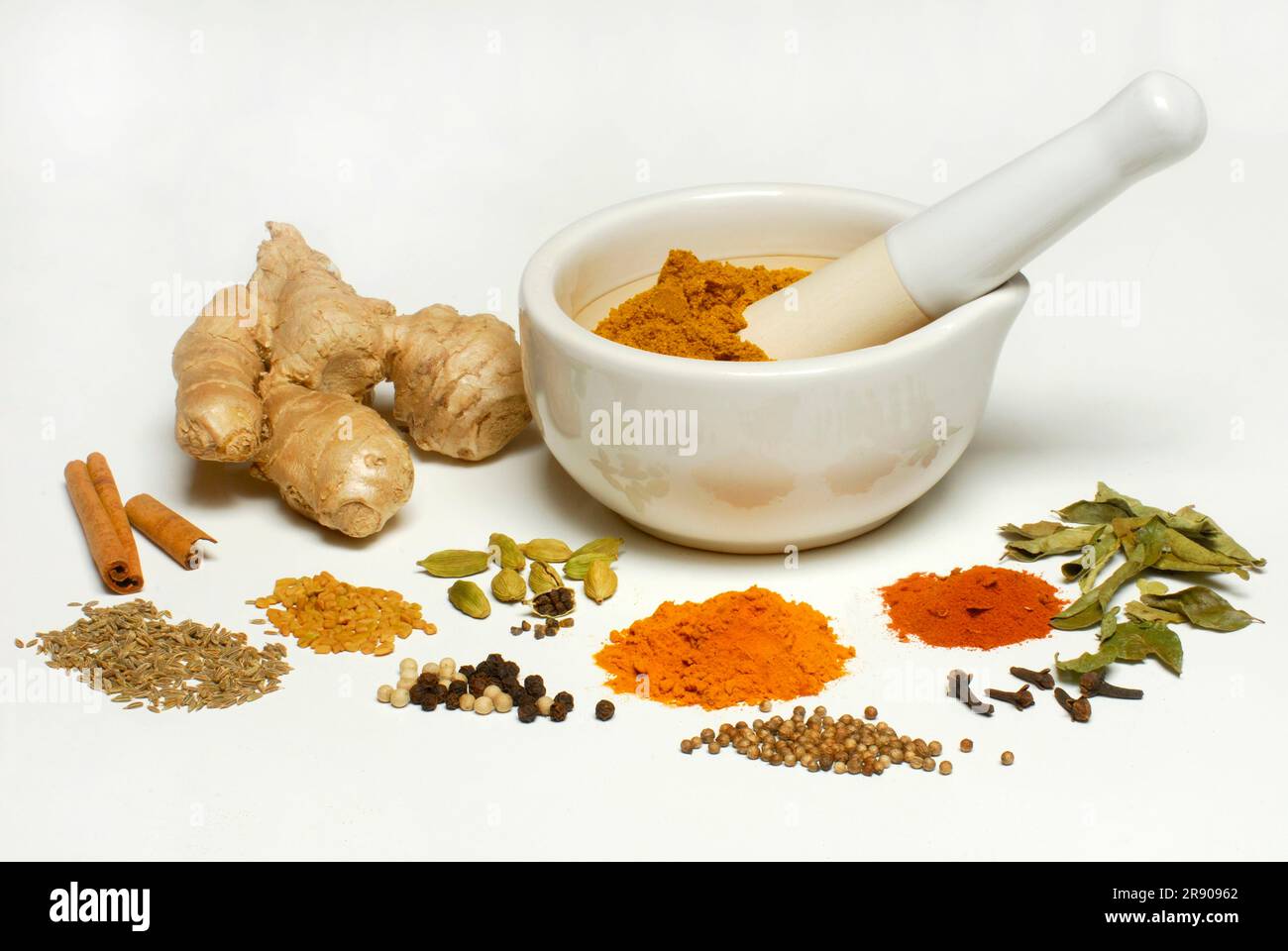 Curry powders and ingredients, cinnamon, ginger, cumin, fenugreek, cardamom, pepper, turmeric