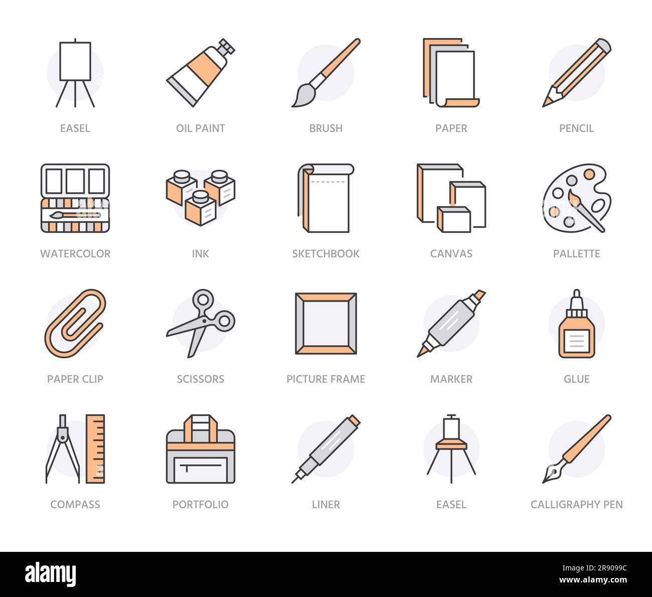 Art supplies flat line icons set. Oil paints, watercolor, drawing paper