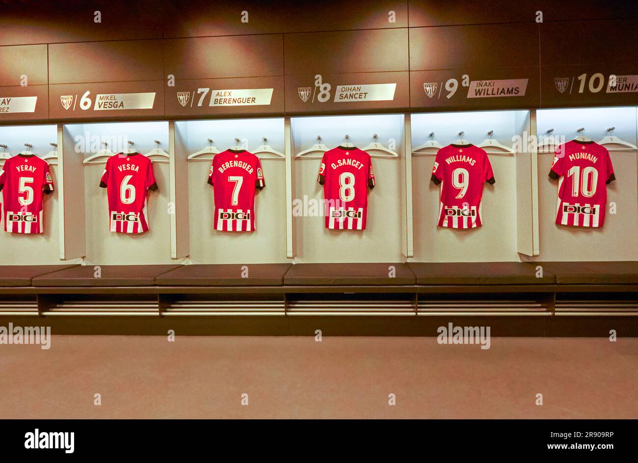 Changing room at San Mames arena - the official home ground of FC Athletic Bilbao, Spain Stock Photo