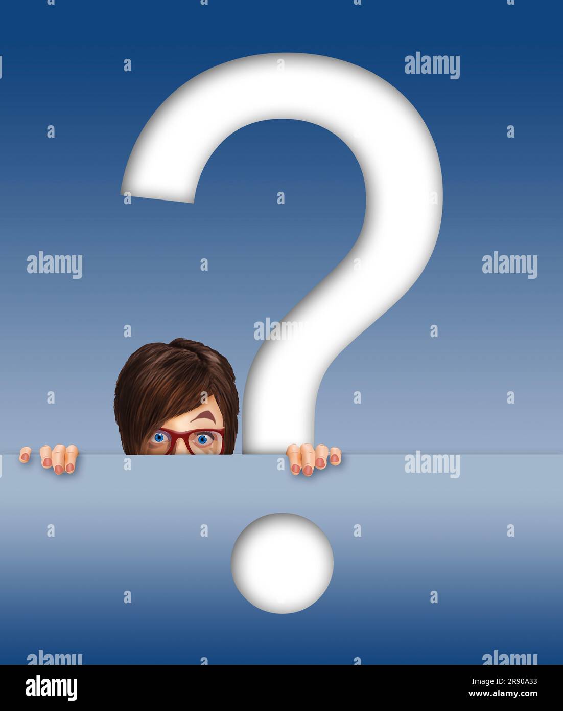 A young woman looks surprised or amazed as she is seen with a huge question mark in a 3-d illustration. Questions anyone? Stock Photo