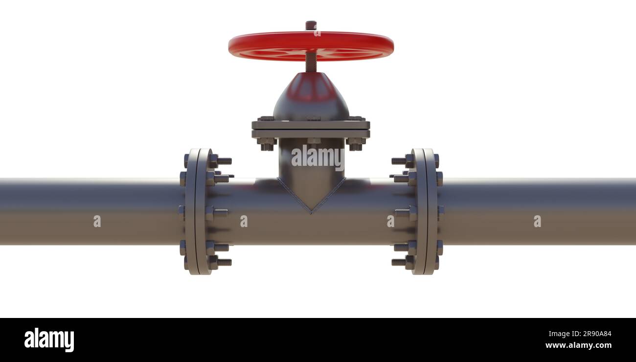 Industrial pipeline and valve with red wheel, isolated on a white background. Stock Photo