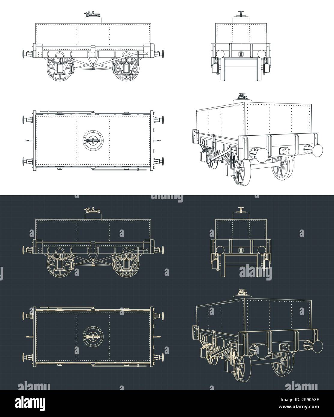 Stylized vector illustrations of blueprints of rectangular tar tank wagon Stock Vector