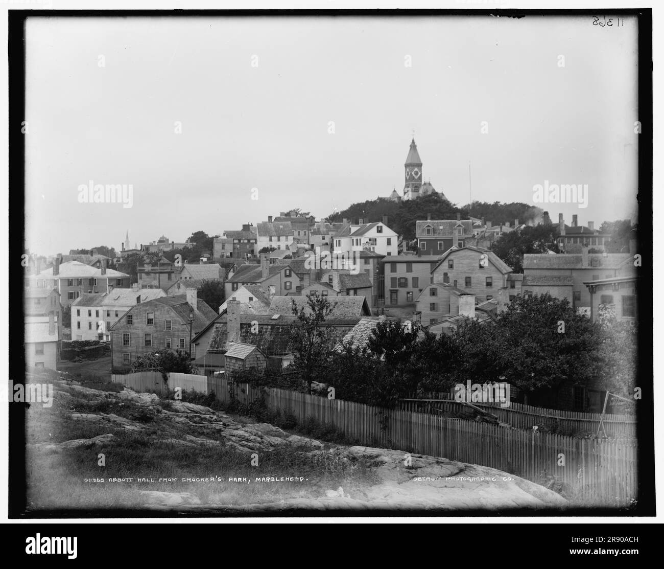 Abbott [sic] Hall from Crocker's Park, Marblehead, between 1890 and 1899. Stock Photo