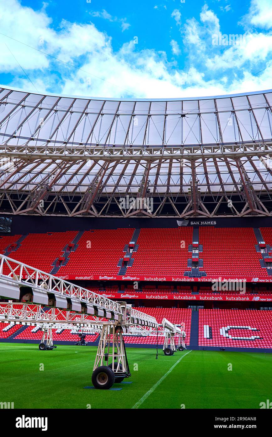 Pitch view with grass caring equipment at San Mames arena - the official home ground of FC Athletic Bilbao, Spain Stock Photo