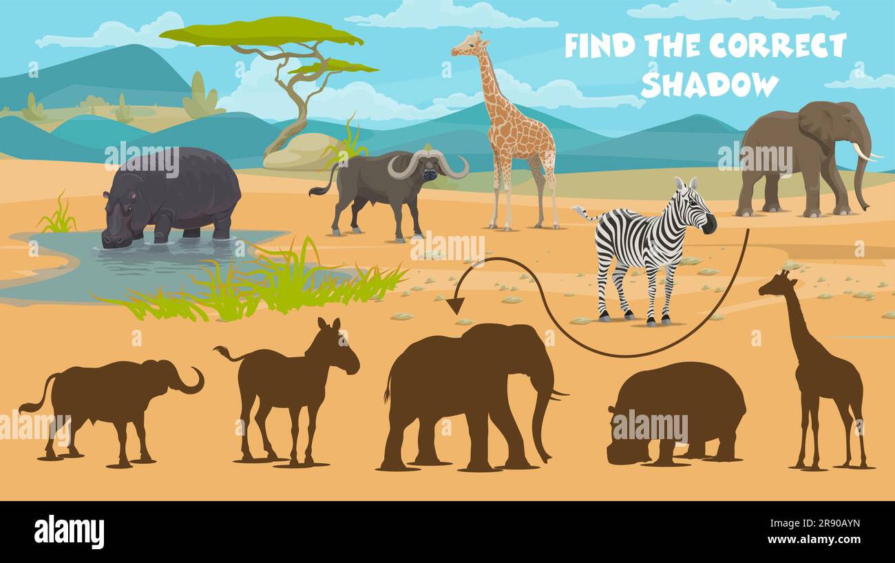 Find correct shadow of African savannah animals, vector kids quiz. Find ...