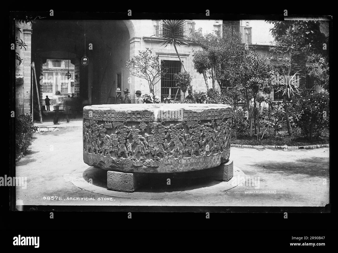 Sacrificial stone, between 1880 and 1897. Showing the Stone of Tizoc when it was located in the former National Musueum in the patio of north wing of the National Palace. Stock Photo