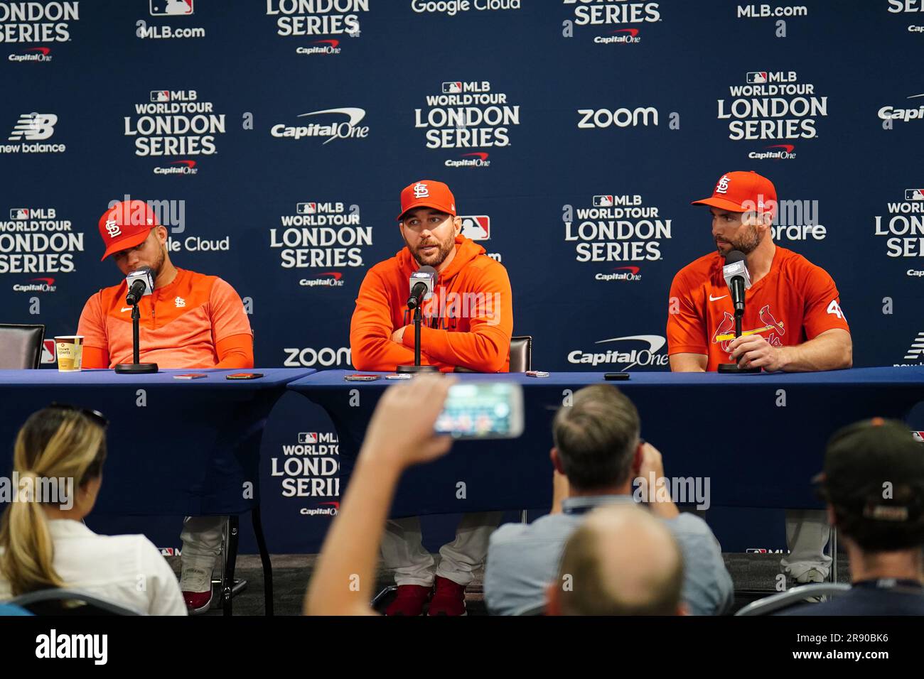 St. Louis Cardinals’ Willson Contreras (left), St. Louis Cardinals’ Paul Goldschmidt (centre) and St. Louis Cardinals’ Adam Wainwright speak in a press conference during a workout day ahead of the MLB London Series Match at the London Stadium, London. Picture date: Friday June 23, 2023. Stock Photo