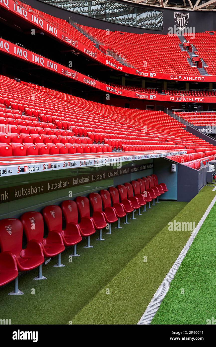 Teams bench at San Mames arena - the official home ground of FC Athletic Bilbao, Spain Stock Photo