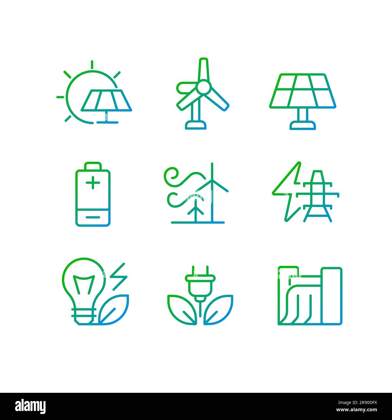Sustainable power sources pixel perfect gradient linear vector icons set Stock Vector