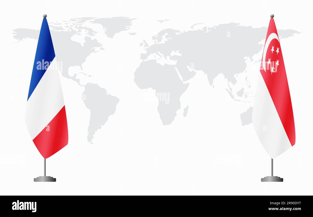 France and Singapore flags for official meeting against background of