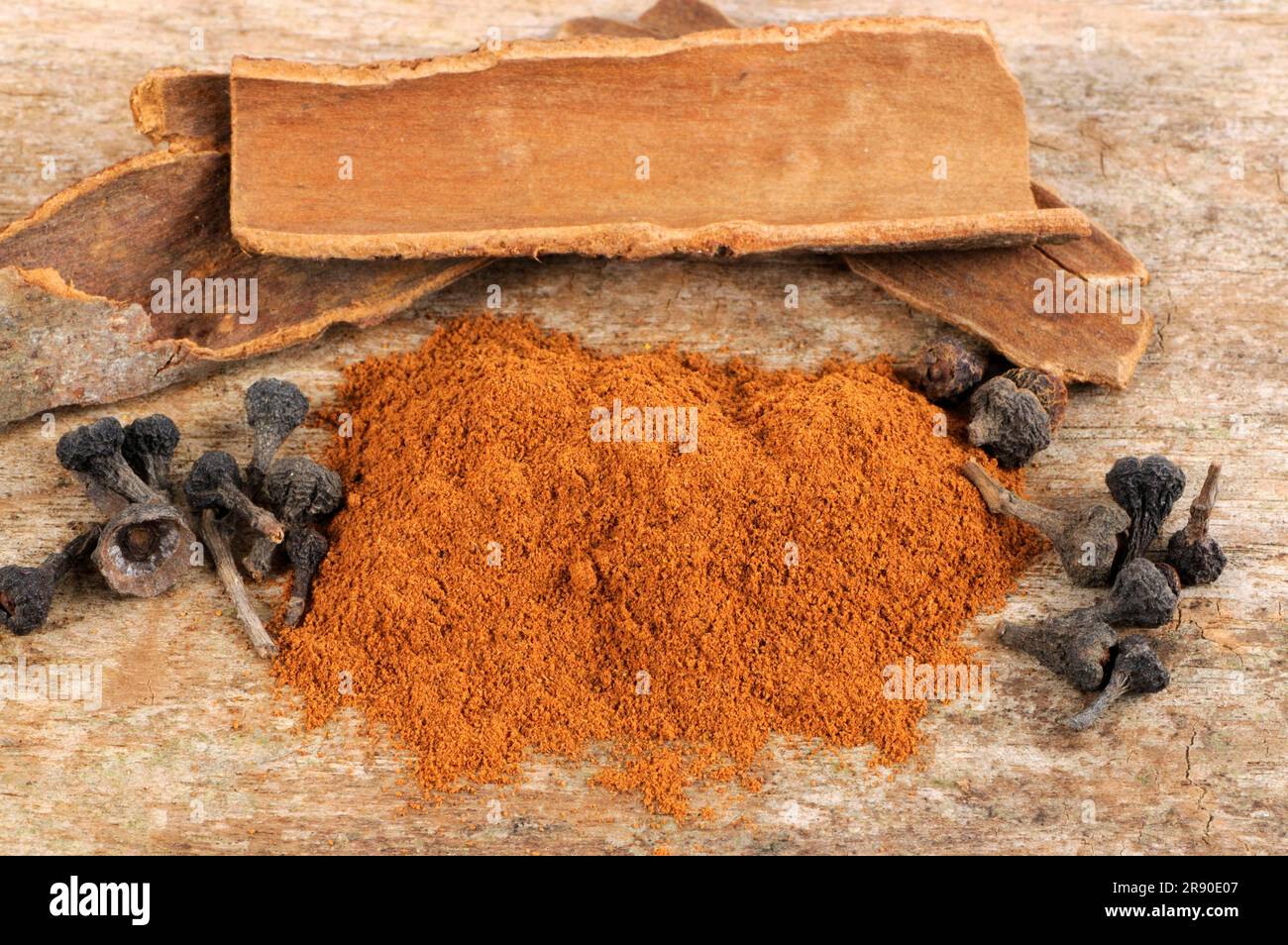 Cinnamon powder, cinnamon flower and bark (Cinnamomum), cinnamon Stock Photo