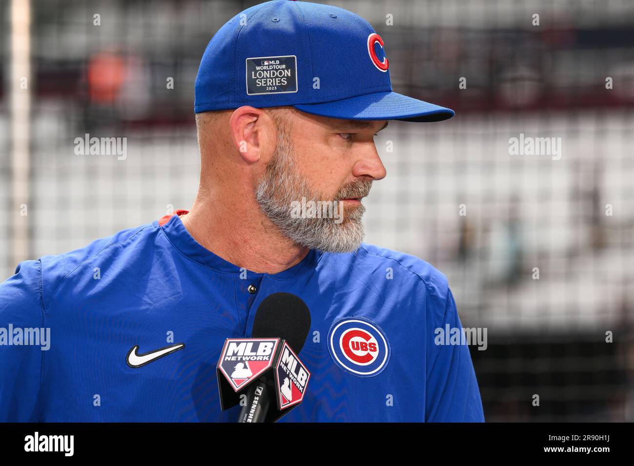 London, UK. 23rd June 2023. David Ross #3 Manager of the Chicago Cubs  during an interview ahead of the 2023 MLB London Series Workout Day for St.  Louis Cardinals and Chicago Cubs