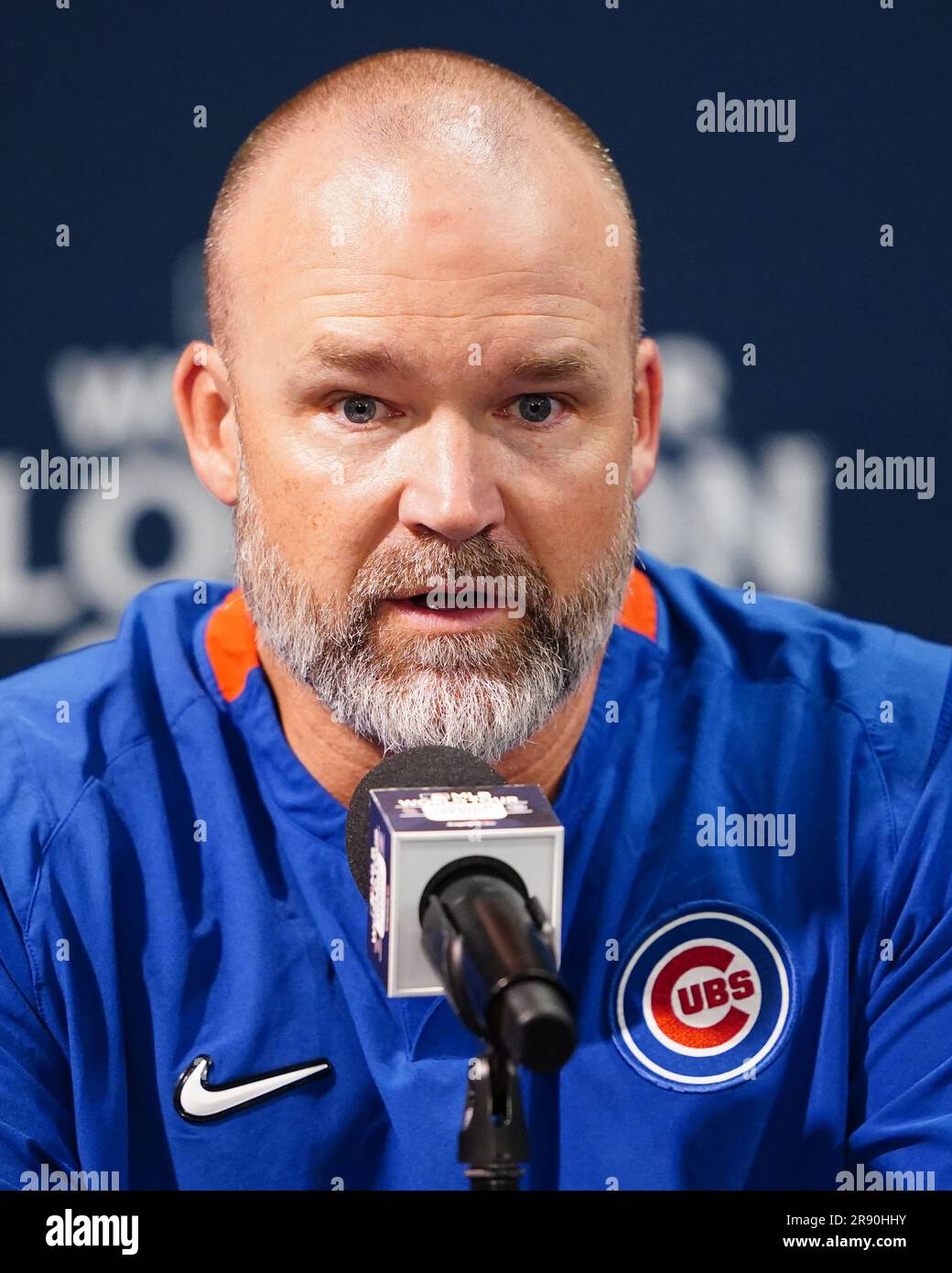 Chicago Cubs Manager, David Ross, speaks in a press conference during a