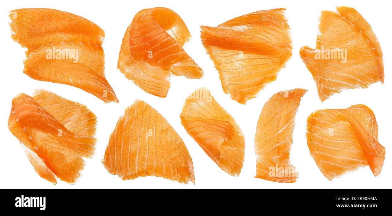 Thin salmon slices isolated isolated on white background Stock Photo Alamy